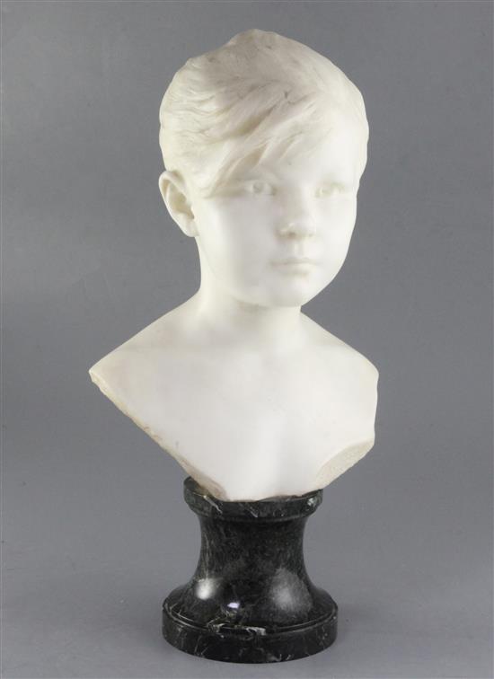 Édouard Charles Marie Houssin. A carved white marble bust of Louise Demont, 18.5in.